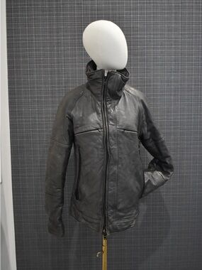 Women's gray Leather High-Collar Bomber Jacket